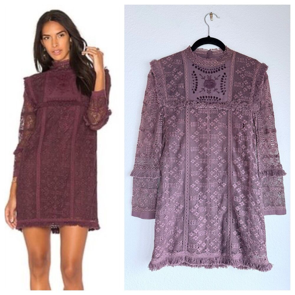 EUC LoveShackFancy Gia Victorian Lace Bracelet Sleeve Mini Dress in Eggplant XS